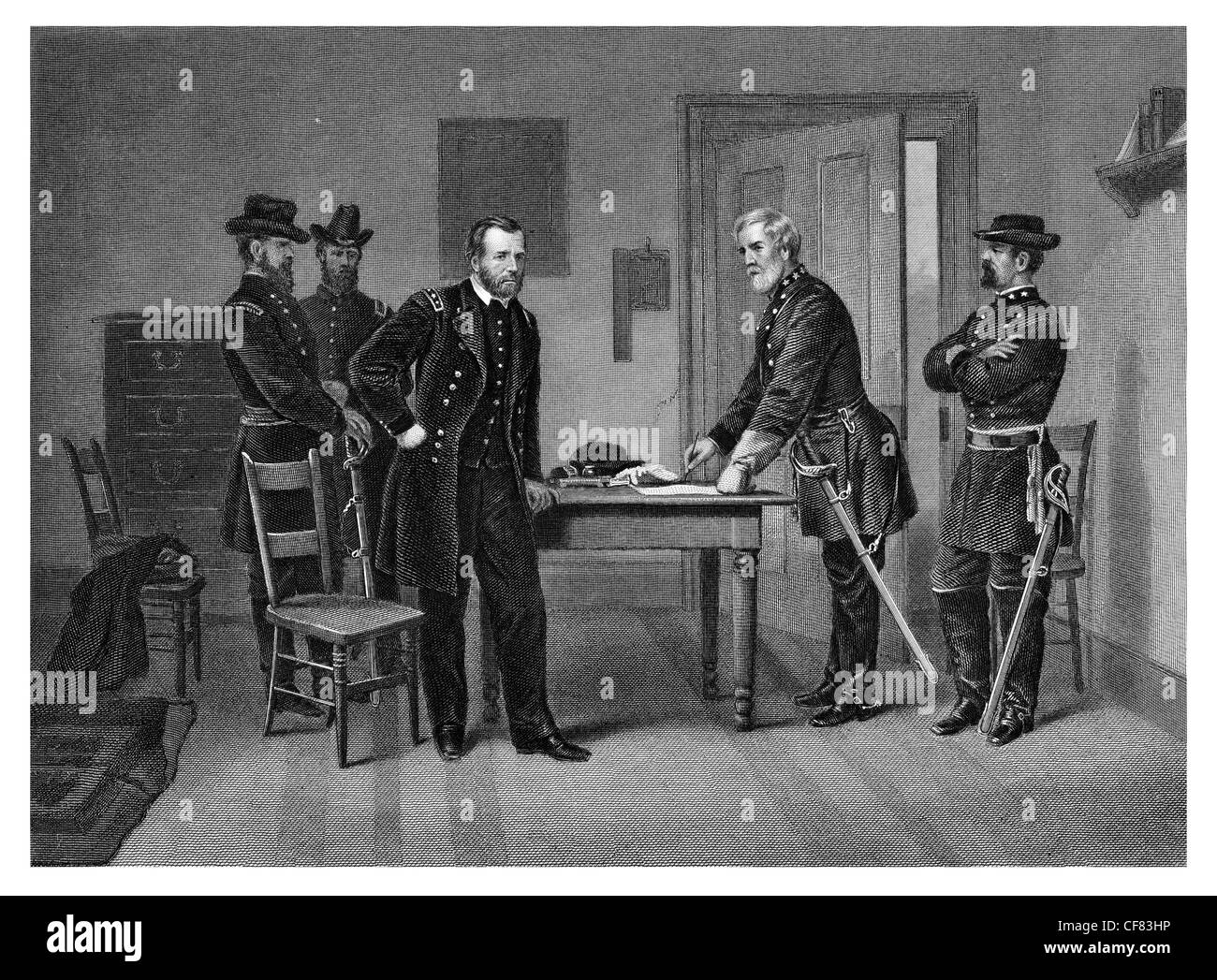 Consegna del Generale Lee in generale di concedere Appomattox court house, Virginia, America, 1865. Fine della guerra civile americana. Foto Stock