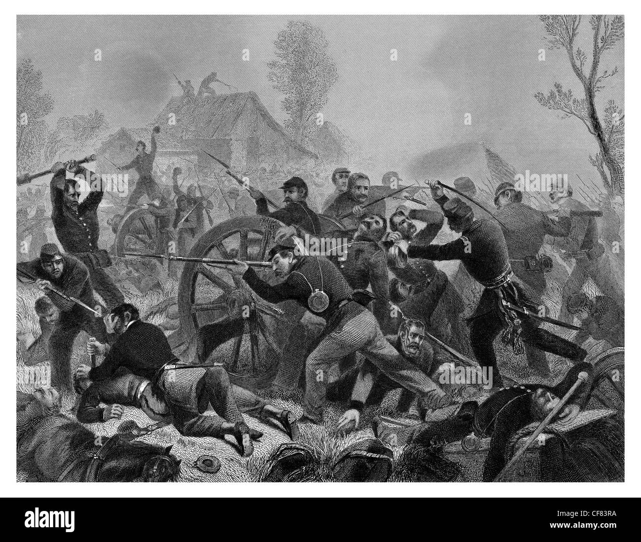 Battaglia di Shiloh Pittsburg Landing 1862 truppe dell'Unione in generale Ulysses S concedere recuperando l'Artiglieria Foto Stock