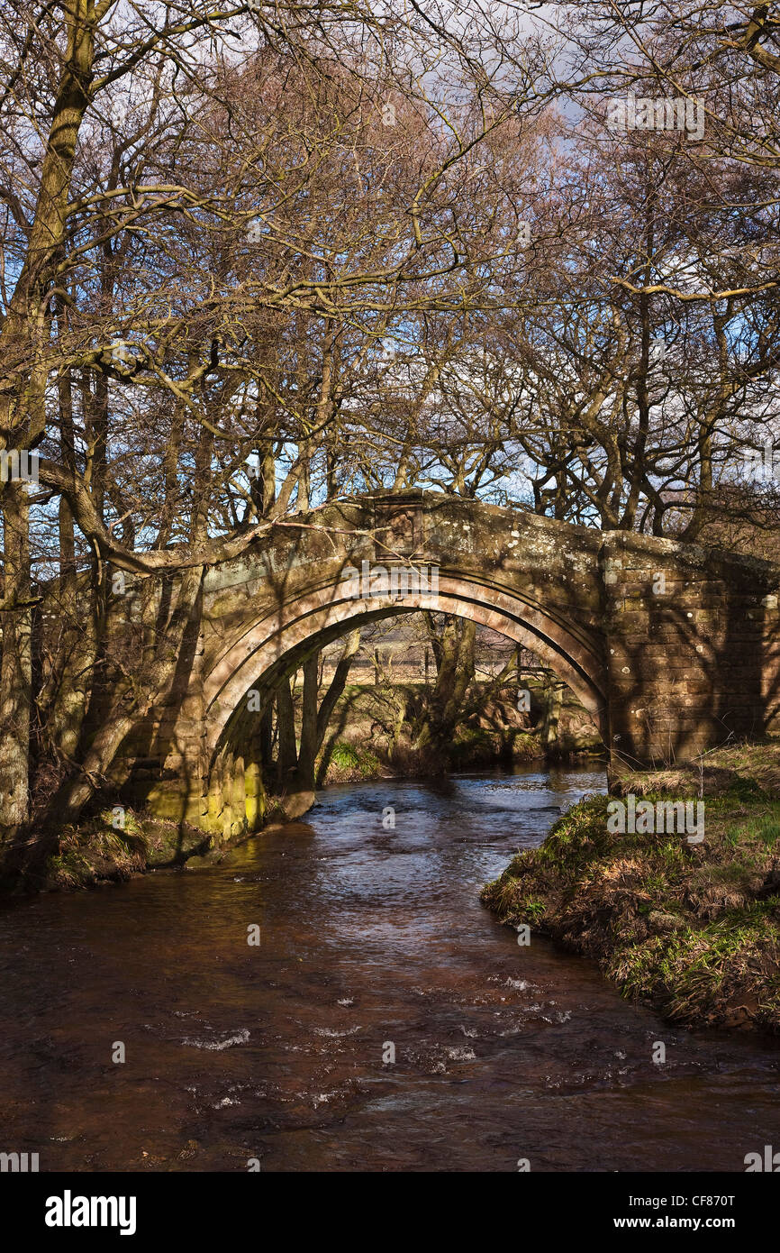 Cacciatori Sty Packhorse antico ponte sul fiume Esk a Westerdale, North Yorkshire Foto Stock