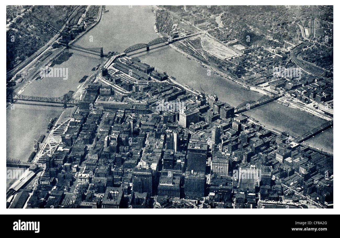 1926 Pittsburgh Monogahela e Allegheny fiume Ohio vista aerea Foto Stock