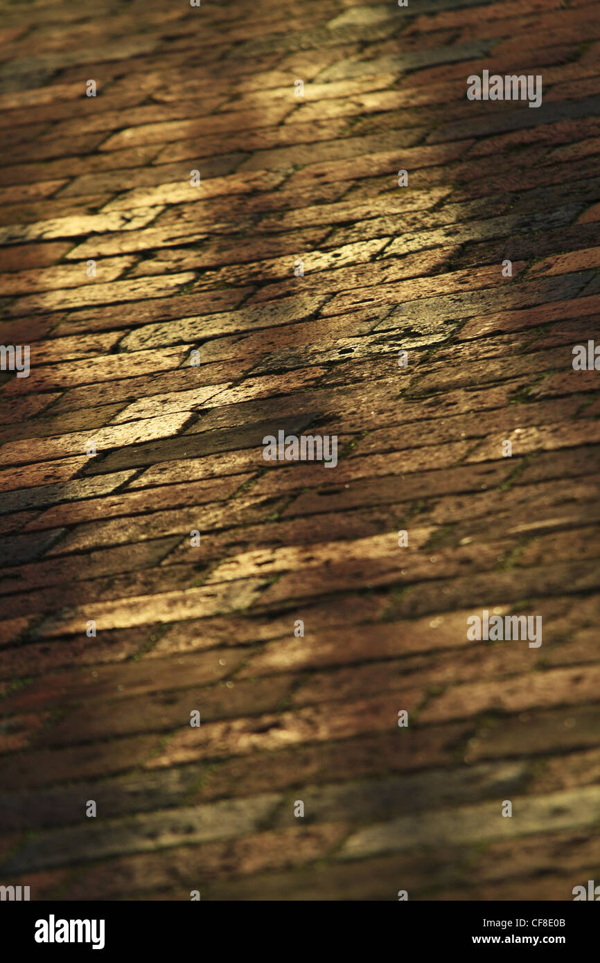 I vetri riflettono la sera tardi la luce su un vecchio usurato mattoni rossi di mattoni rosso mattone-lastricata marciapiede marciapiede sentiero percorso a piedi. Foto Stock