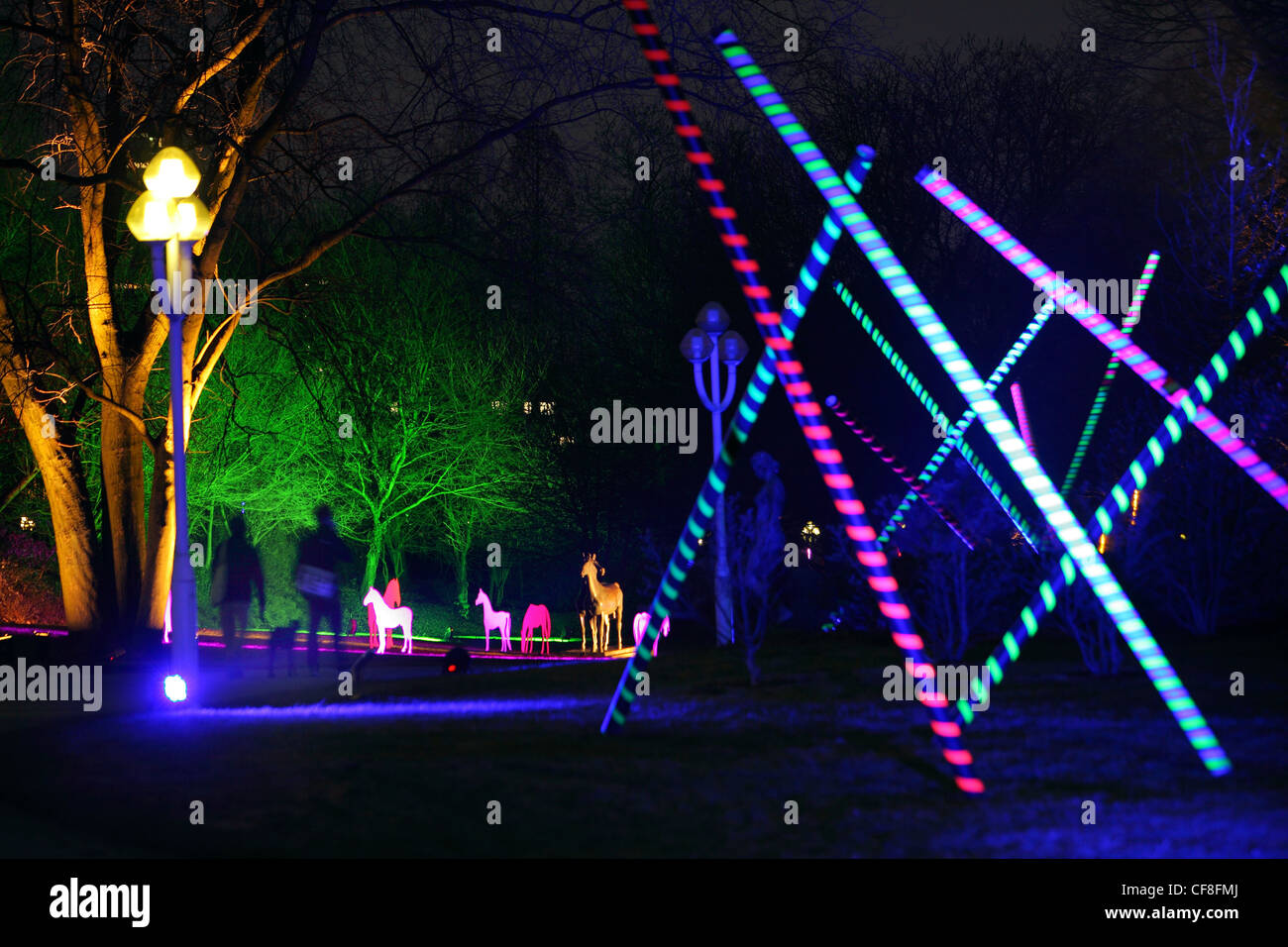 Luce installazioni artistiche nel Gruga Park, a Essen, Germania. Festival della luce in inverno, illumina il parco con sculture di luce. Foto Stock