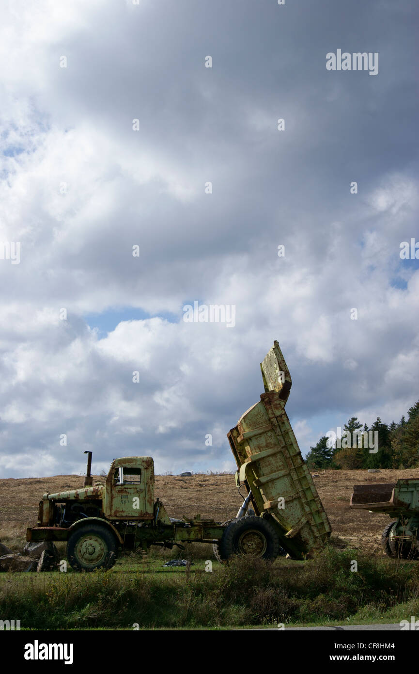 Vecchio arrugginito autocarri con cassone ribaltabile accanto ad un campo di mirtilli in autunno, in prospettiva, Maine Foto Stock