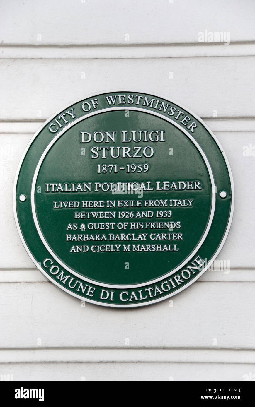 Green lapide che ricorda Don Luigi Sturzo un italiano di un sacerdote cattolico, Gloucester Terrace W2, Londra, Inghilterra Foto Stock