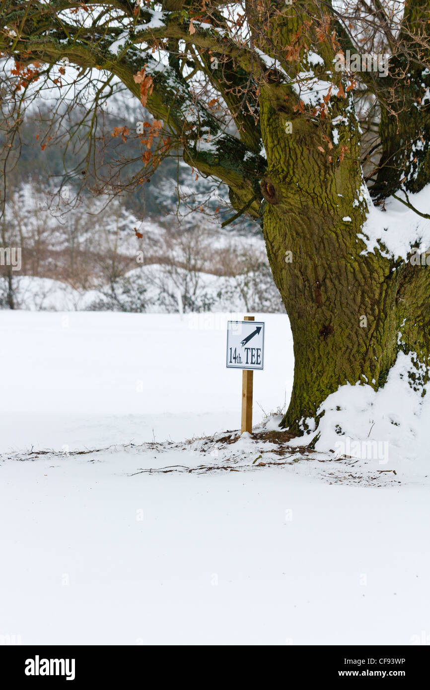 Neve coperto campo da golf con xiv tee segno e albero, Suffolk, Inghilterra Foto Stock