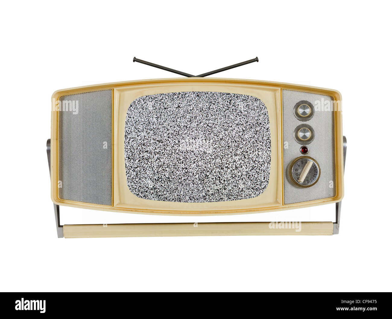Vintage anni sessanta televisione portatile con schermo statico e gestire stand. Foto Stock