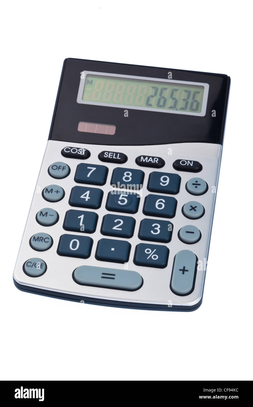 La calcolatrice è situato su uno sfondo bianco. L'immagine di esempio delle spese e delle entrate e dei profitti. Foto Stock