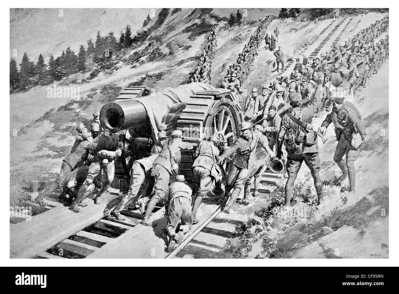 Gli uomini italiani traino pesante pistola artiglieria di montagna Foto Stock