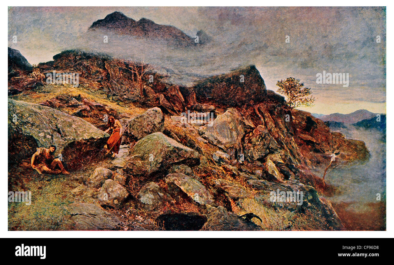 Trovato da Sir Hubert von Herkomer robusto paesaggio selvaggio mountain grag cacciatori-raccoglitori nebbia nube freddo inverno rocky donna uomo Foto Stock