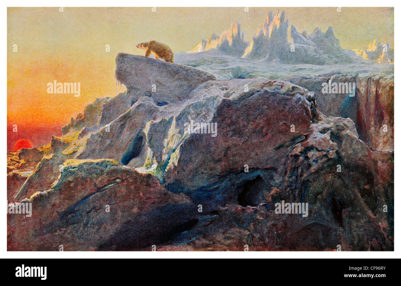 Al di là dell'uomo le orme da Briton Riviere Wild Orso Polare ghiacciaio al tramonto del Polo Nord Ice neve invernale animale predatore bestia peak Foto Stock