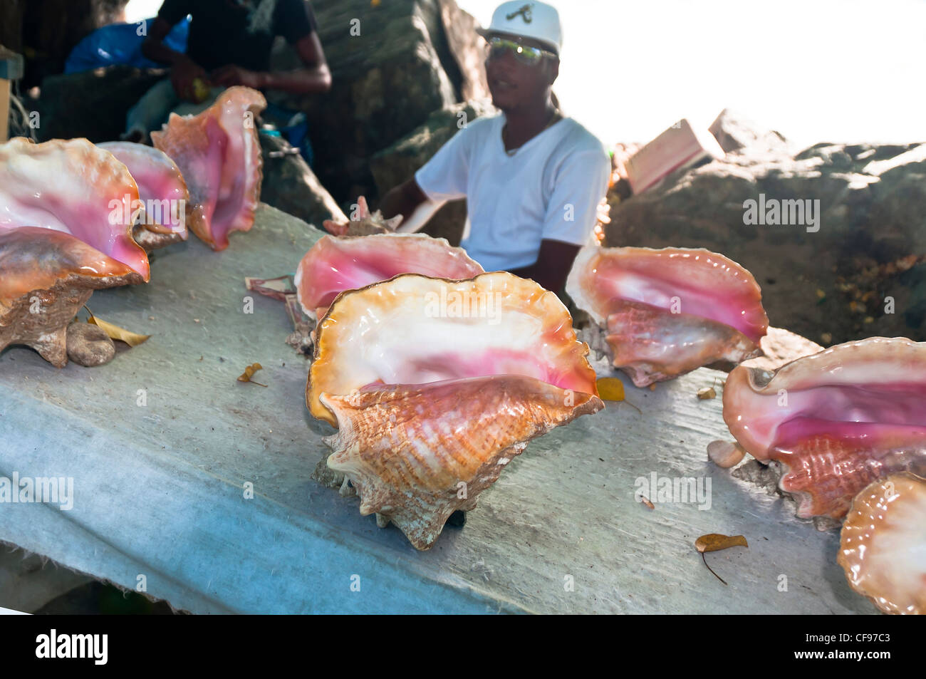 I serbatoi per la vendita a Pigeon Point, un popolare spiaggia pubblica nel sud di Tobago. Foto Stock