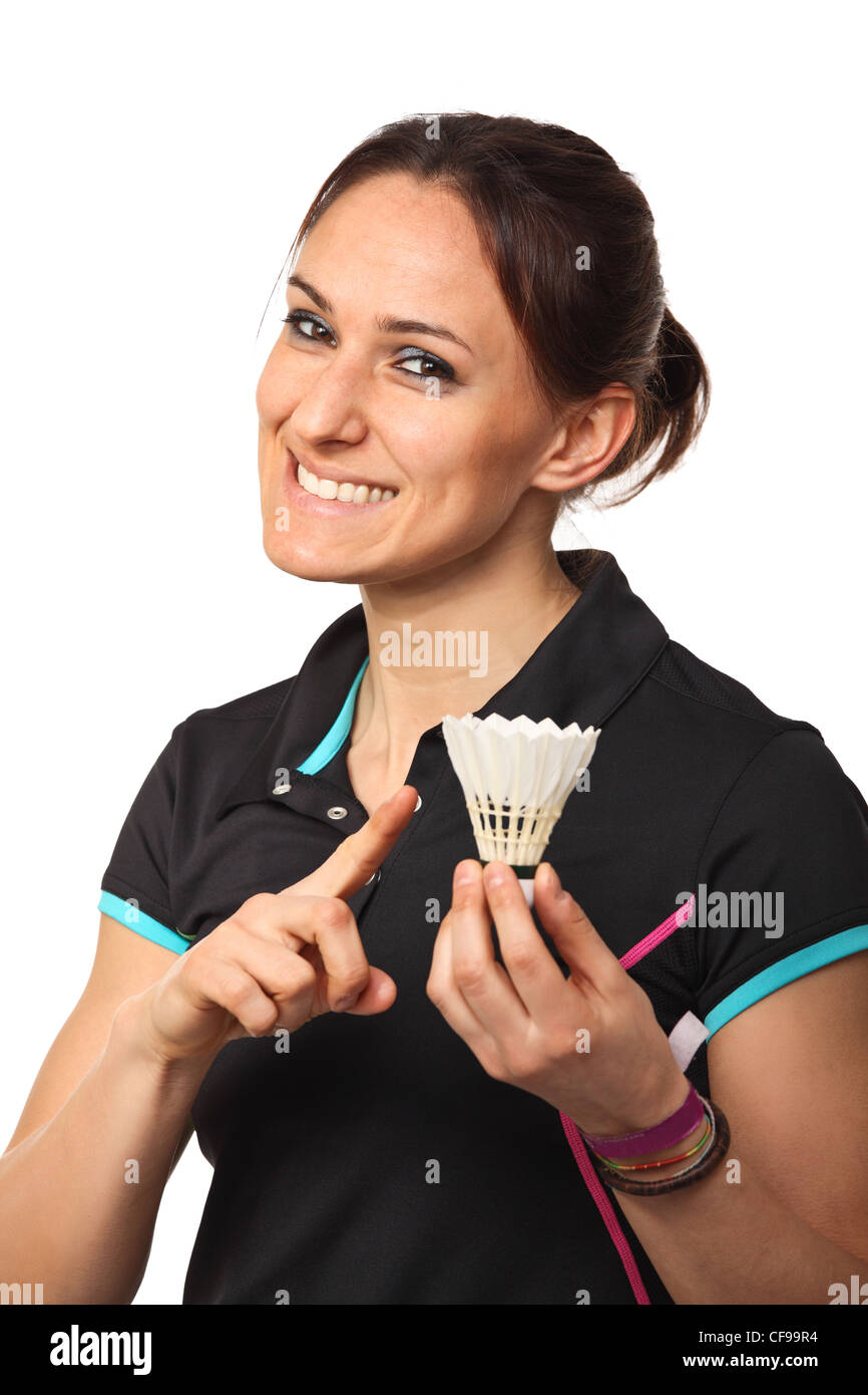 Sorridente badminton player visualizza volano Foto Stock