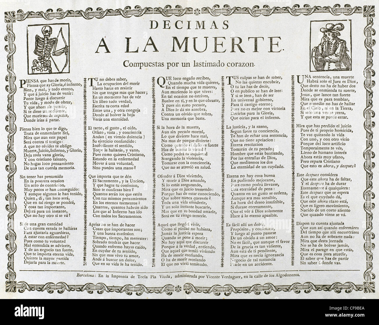 Decimas a morte. Stampato in Barcellona. Spagna. Foto Stock