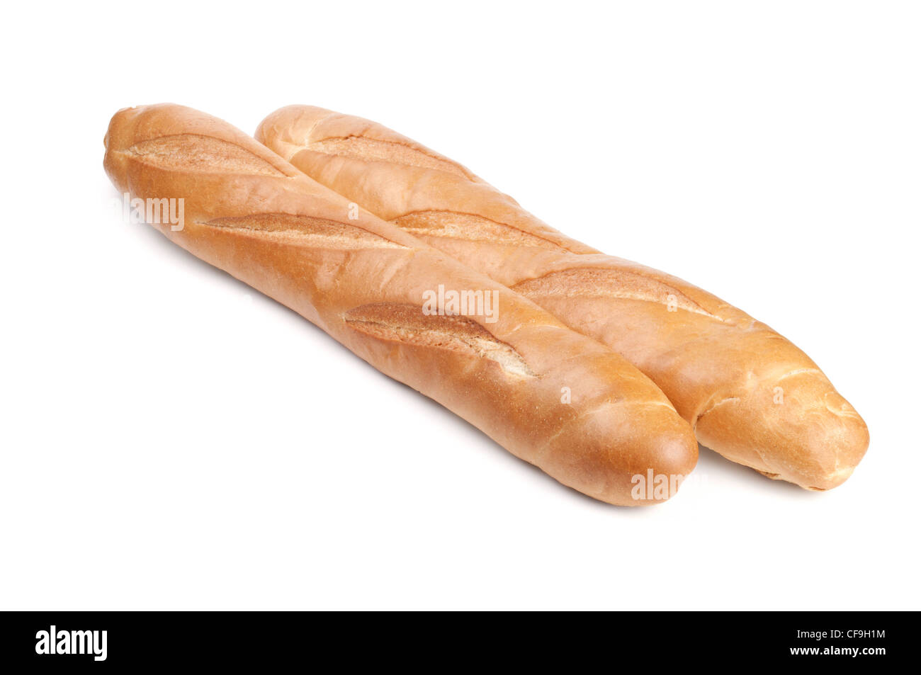 Lunga baguette francese isolati su sfondo bianco Foto Stock