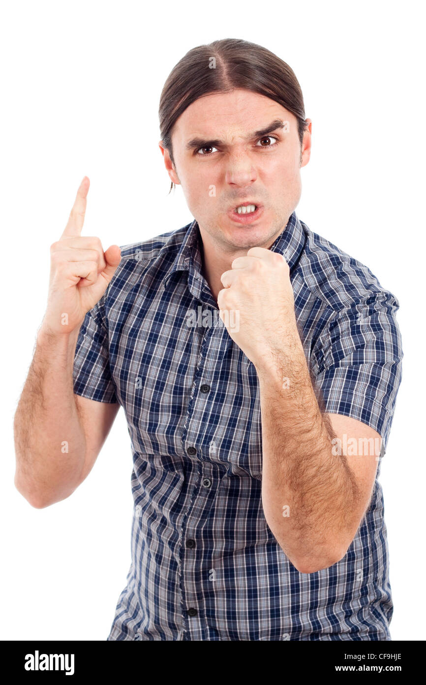 Furious arrabbiato aggressivo giovane uomo, isolati su sfondo bianco. Foto Stock
