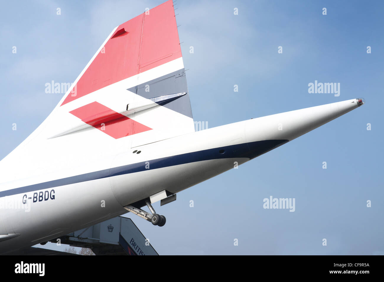 Pinna caudale del prototipo Concorde G-BBDG a Brooklands Museum. Foto Stock