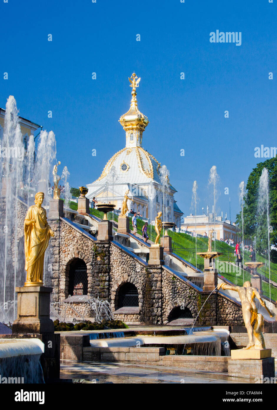 Russia, Europa, San Pietroburgo, Peterburg, città di Peterhof Palace, il Summer Palace, patrimonio mondiale, parco, fontana, statue Foto Stock