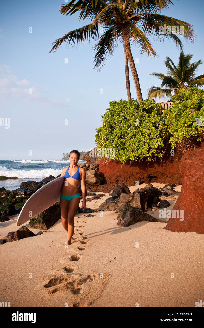 Il surfer che trasportano le tavole da surf in spiaggia Foto Stock