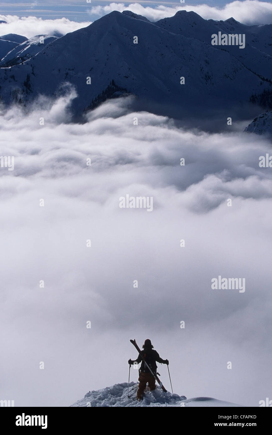 Uno sciatore godendo della vista delle cime innevate nel backcountry, Purcell gamma, Golden, British Columbia, Canada Foto Stock