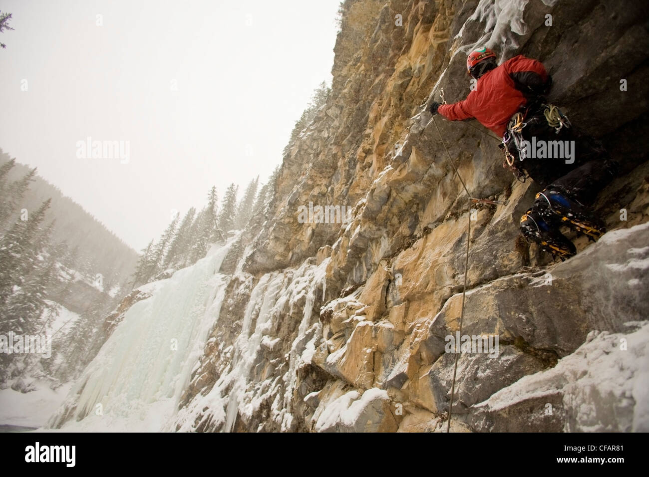 Un alpinista rendendo il suo modo Physio-Therapy M7 WI5, Evan Thomas Creek, Kananaskis, Alberta, Canada Foto Stock