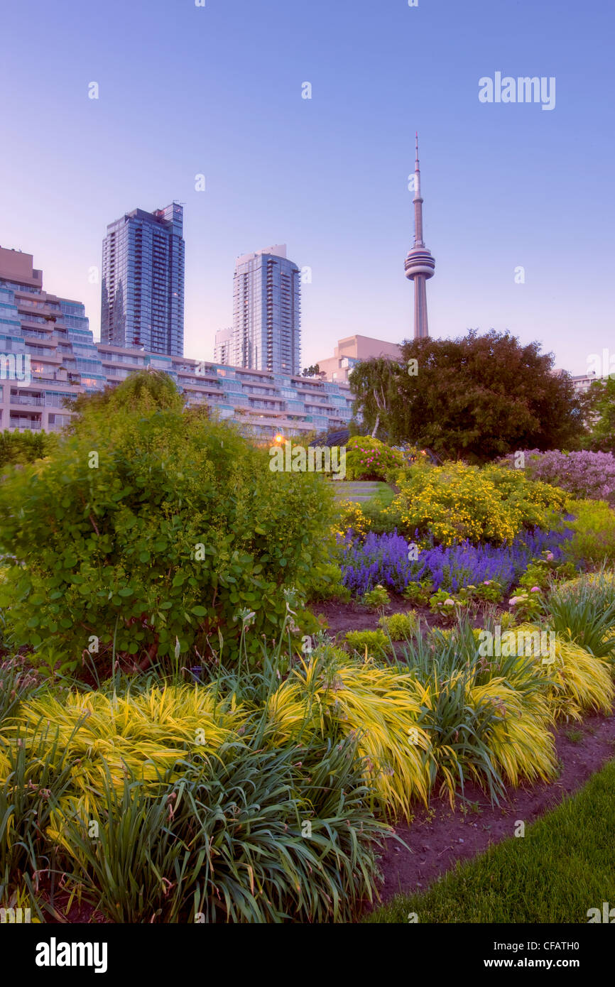 La musica di Toronto giardino lungo il lungomare con la CN Tower in background, Toronto, Ontario, Canada. Foto Stock