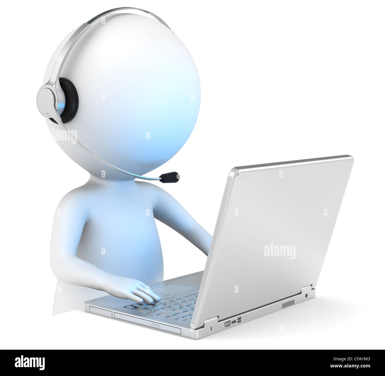 3D poco carattere umano con un auricolari e un computer portatile. La gente di affari serie. Foto Stock