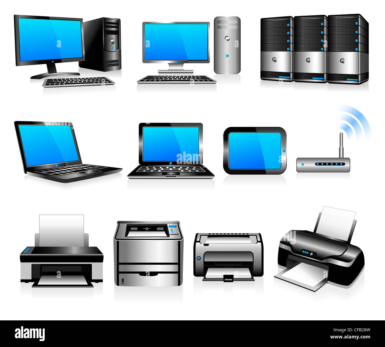 Computer server stampanti laser Inkjet router tablet ipad 3D e 2D Technology Electronics computer di rete della stampante Foto Stock