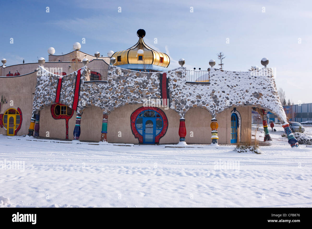 Inverno, la neve, del cantone di San Gallo, San Gallo, Svizzera, Europa, la costruzione, la costruzione, la cultura, Hundertwasser, mercato coperto, Foto Stock