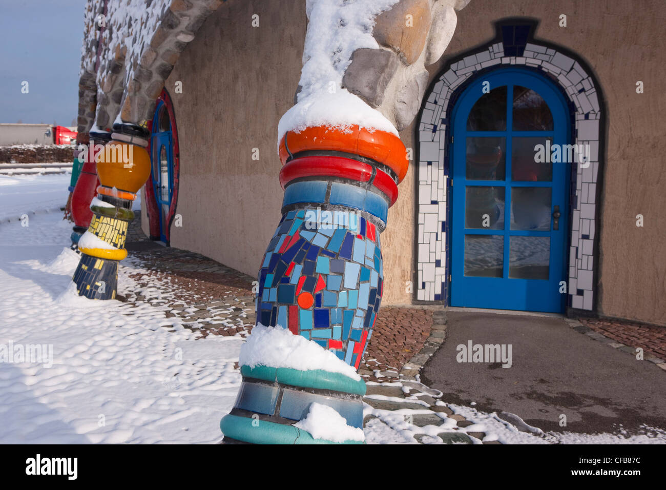 Inverno, la neve, del cantone di San Gallo, San Gallo, Svizzera, Europa, la costruzione, la costruzione, la cultura, Hundertwasser, mercato coperto, Foto Stock