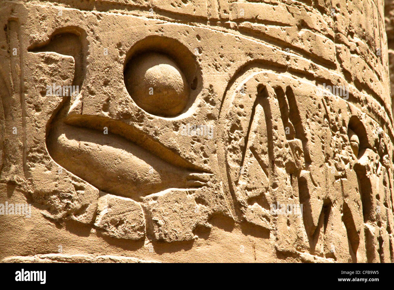 Geroglifici in bassorilievo nelle colonne del grande tempio di Karnak dedicato al culto di Amon, nella città di Luxor Foto Stock