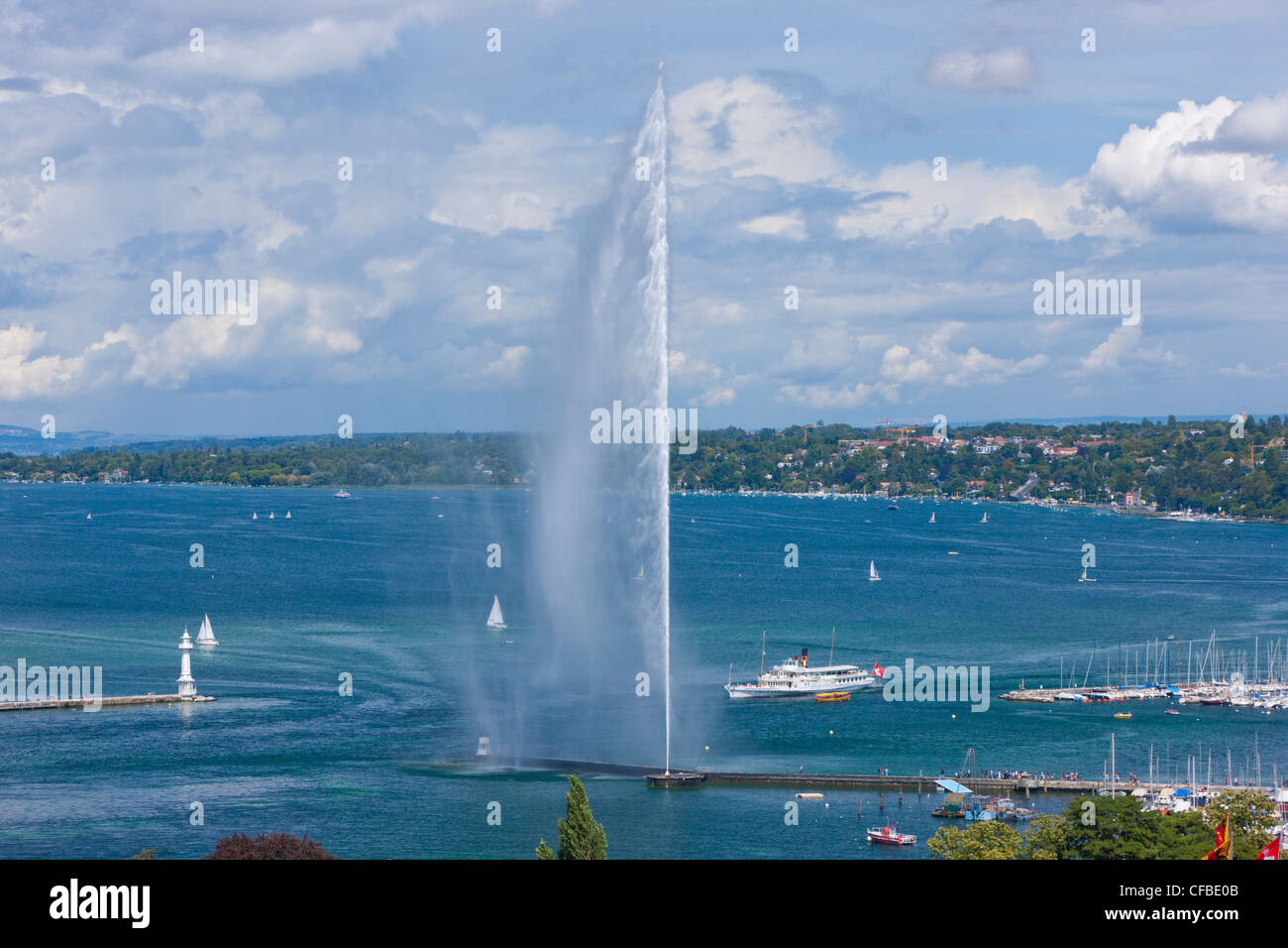 Il lago, il lago di Ginevra, il cantone di Ginevra, Svizzera Europa, città, acqua, paese, città, Jet d'Eau, fontana, Foto Stock