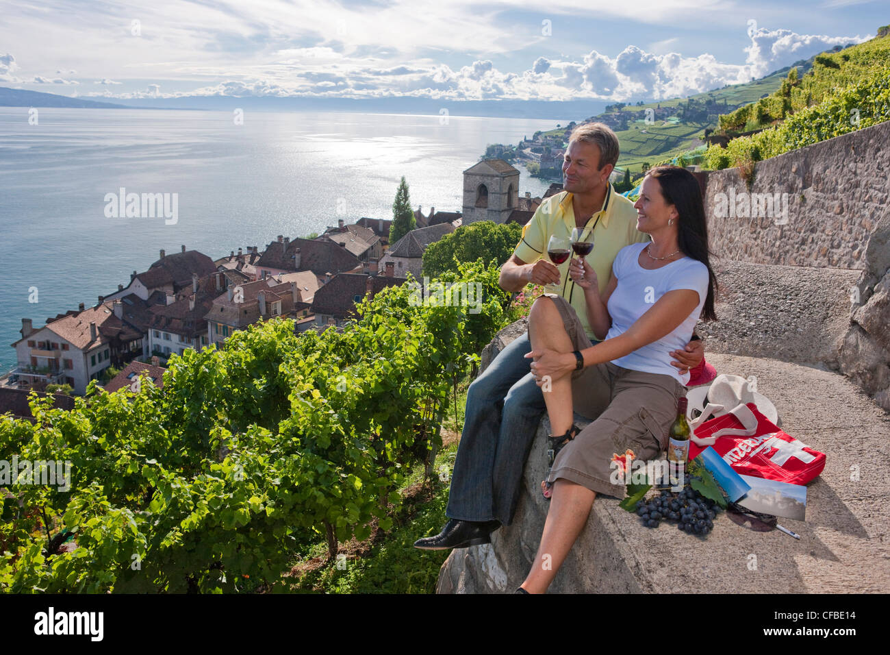 Lago, del cantone di Vaud e di Vaud, Svizzera, Europa, il lago di Ginevra, bere vino, germogli, vigneto, la viticoltura, villaggio, giovane Foto Stock