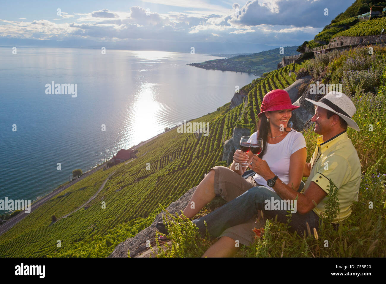 Lago, del cantone di Vaud e di Vaud, Svizzera, Europa, il lago di Ginevra, bere vino, germogli, vigneto, la viticoltura, villaggio, giovane Foto Stock