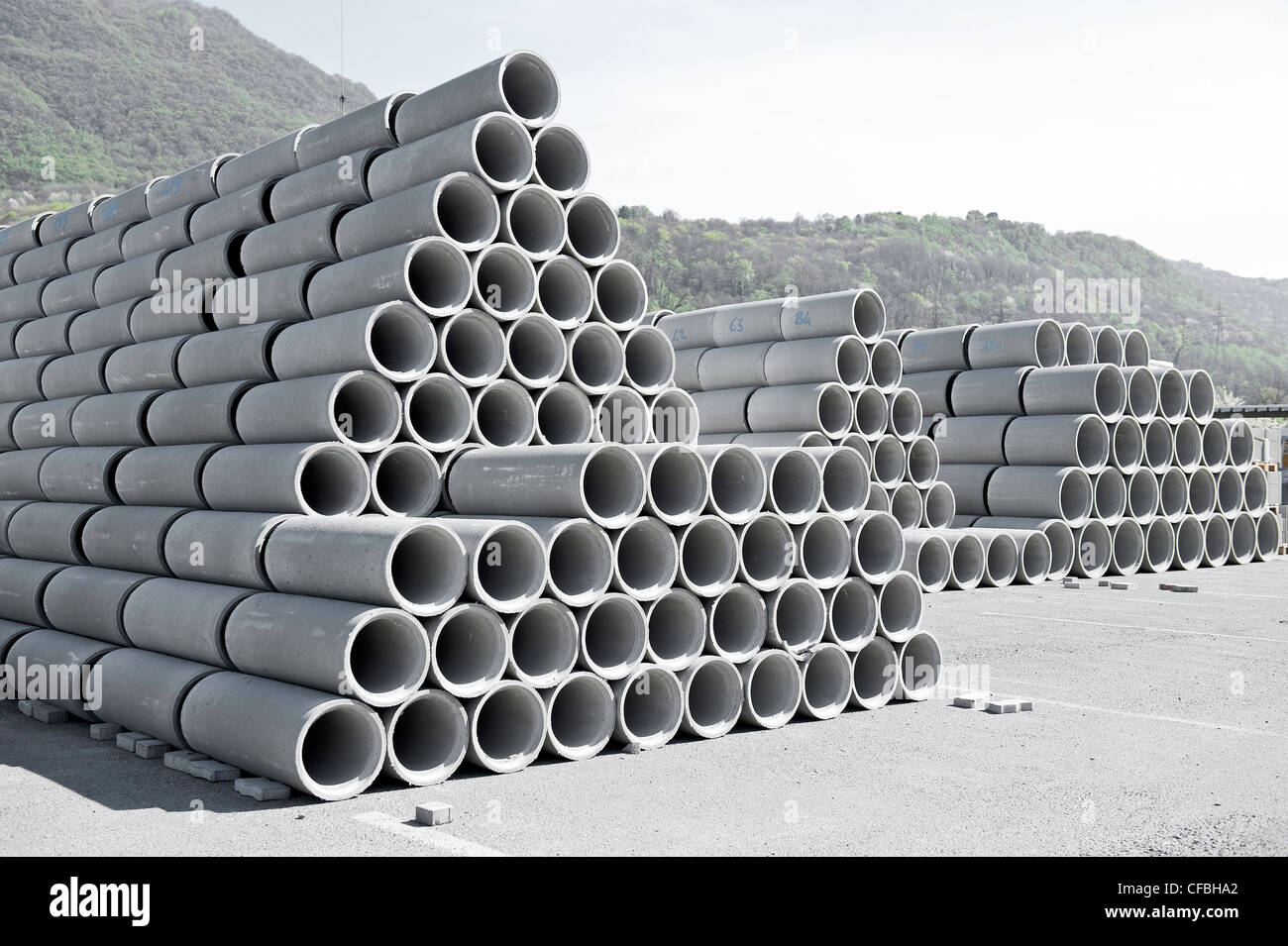 Costruzione, materiale, calcestruzzo, elementi, pila, tubi, Svizzera, edificio Foto Stock