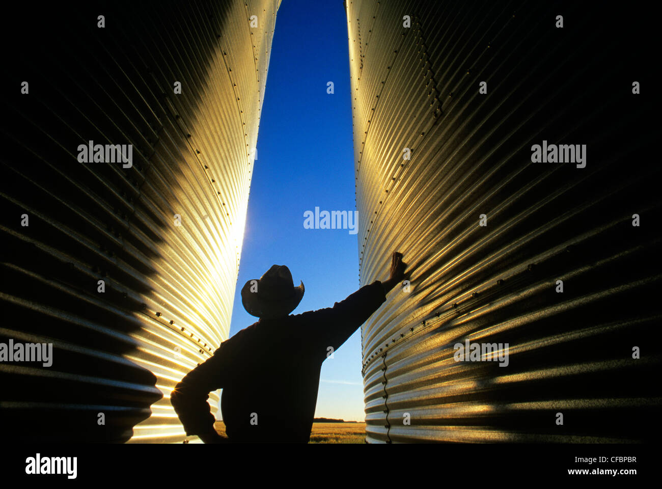 Un agricoltore si affaccia sul suo campo dal suo grano deposito bidoni al tramonto vicino Dugald, Manitoba, Canada Foto Stock