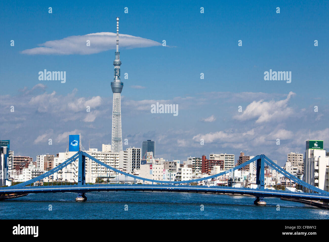 Giappone, Asia, Tokyo, città, Sumida River, Sky Tree Tower, acqua, blu, bridge, luminoso, moderno, nuovo river, skyline, sospensione, t Foto Stock