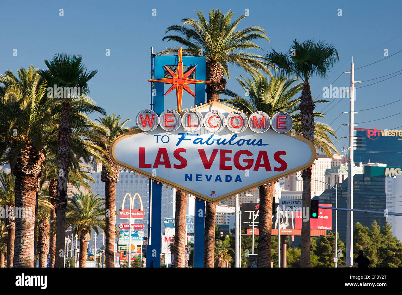 Stati Uniti d'America, Stati Uniti, America, Nevada, Las Vegas, Città Benvenuti, Segno, attrazione, sogno, famoso, viaggi, fortuna, gioco d'azzardo, turistico, Foto Stock