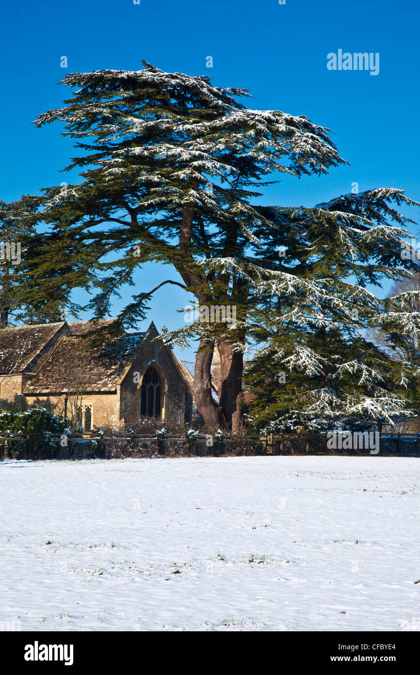 Nevoso inverno vista della chiesa di San Pietro nel villaggio Costwold di Ampney San Pietro, Gloucestershire, England, Regno Unito Foto Stock