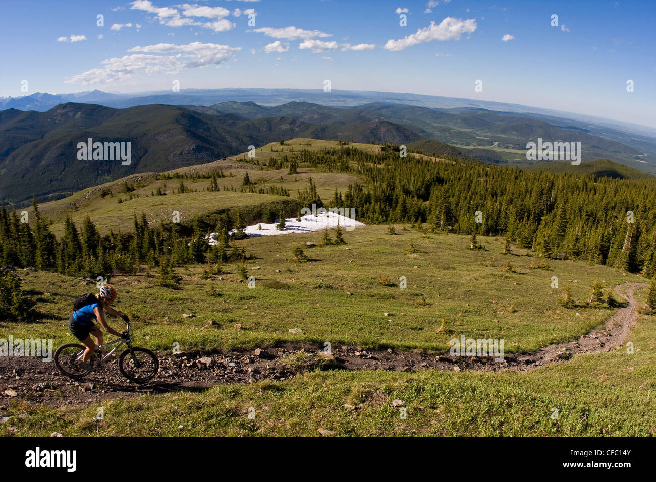 Un mountain biker discendente l unica via di Cox Hill, Kananaskis AB Foto Stock