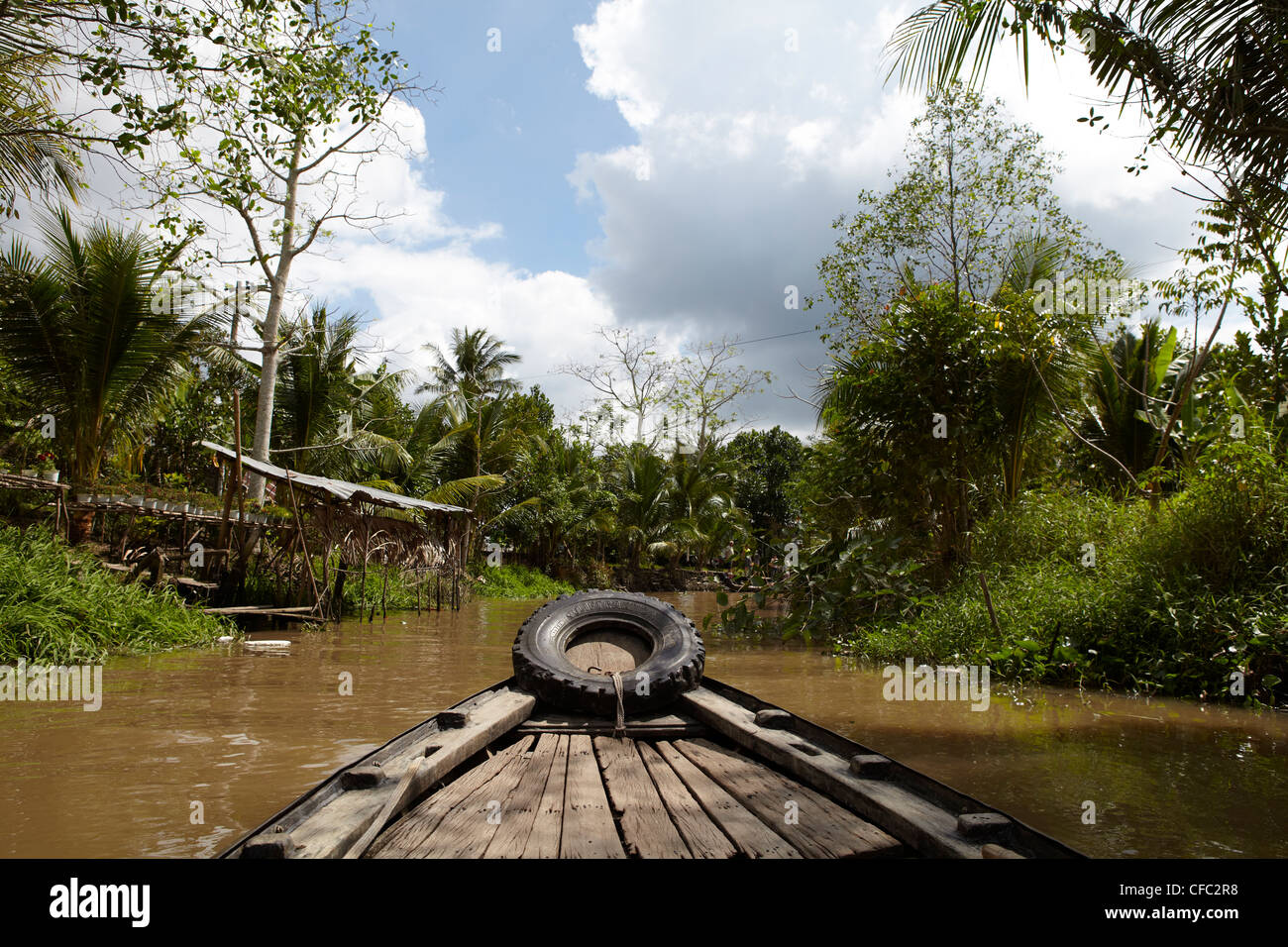 Vista da una barca risalendo il fiume Mekong. Foto Stock