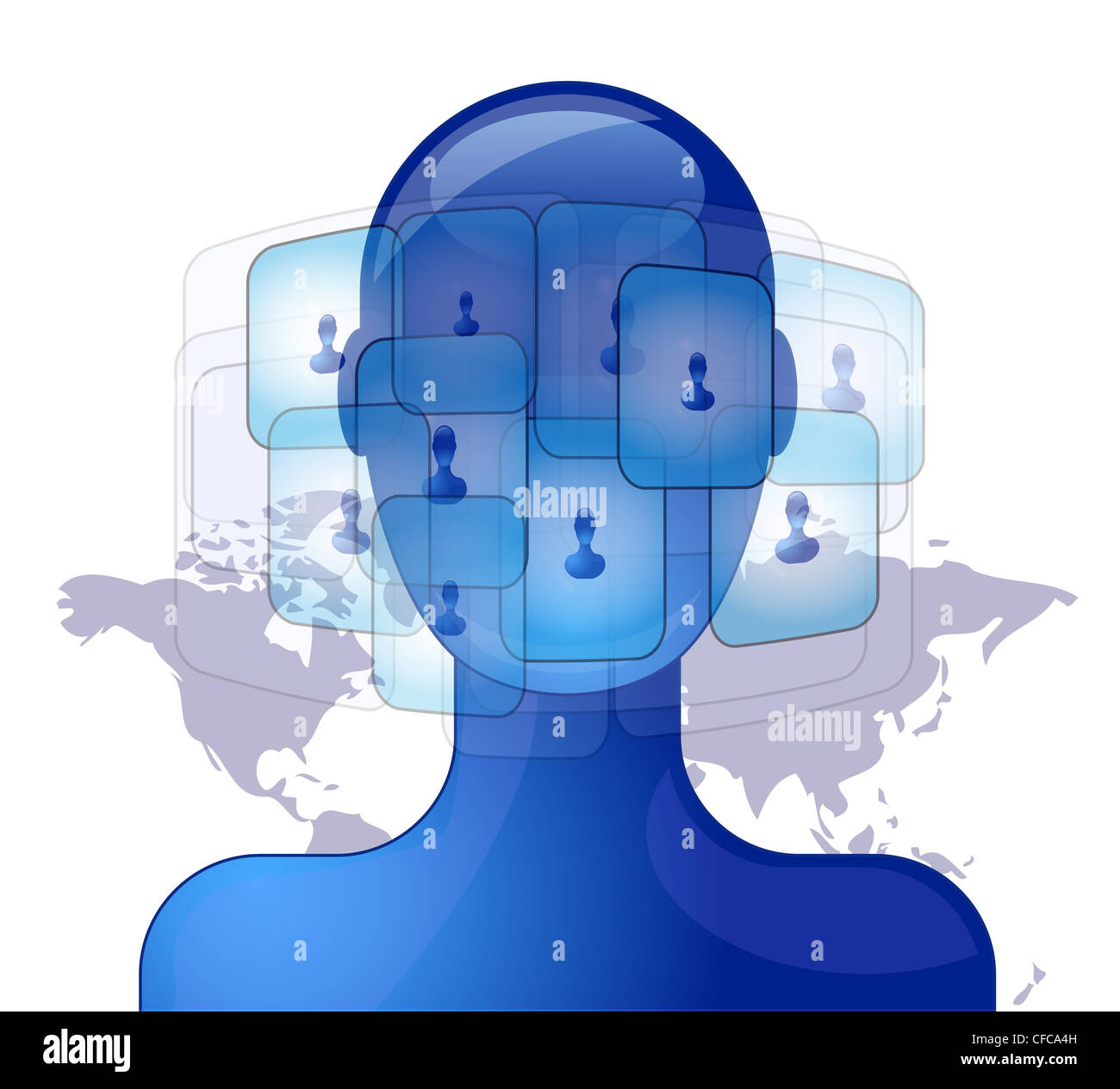 Persona di colore blu con amici internazionali sui social media Foto Stock