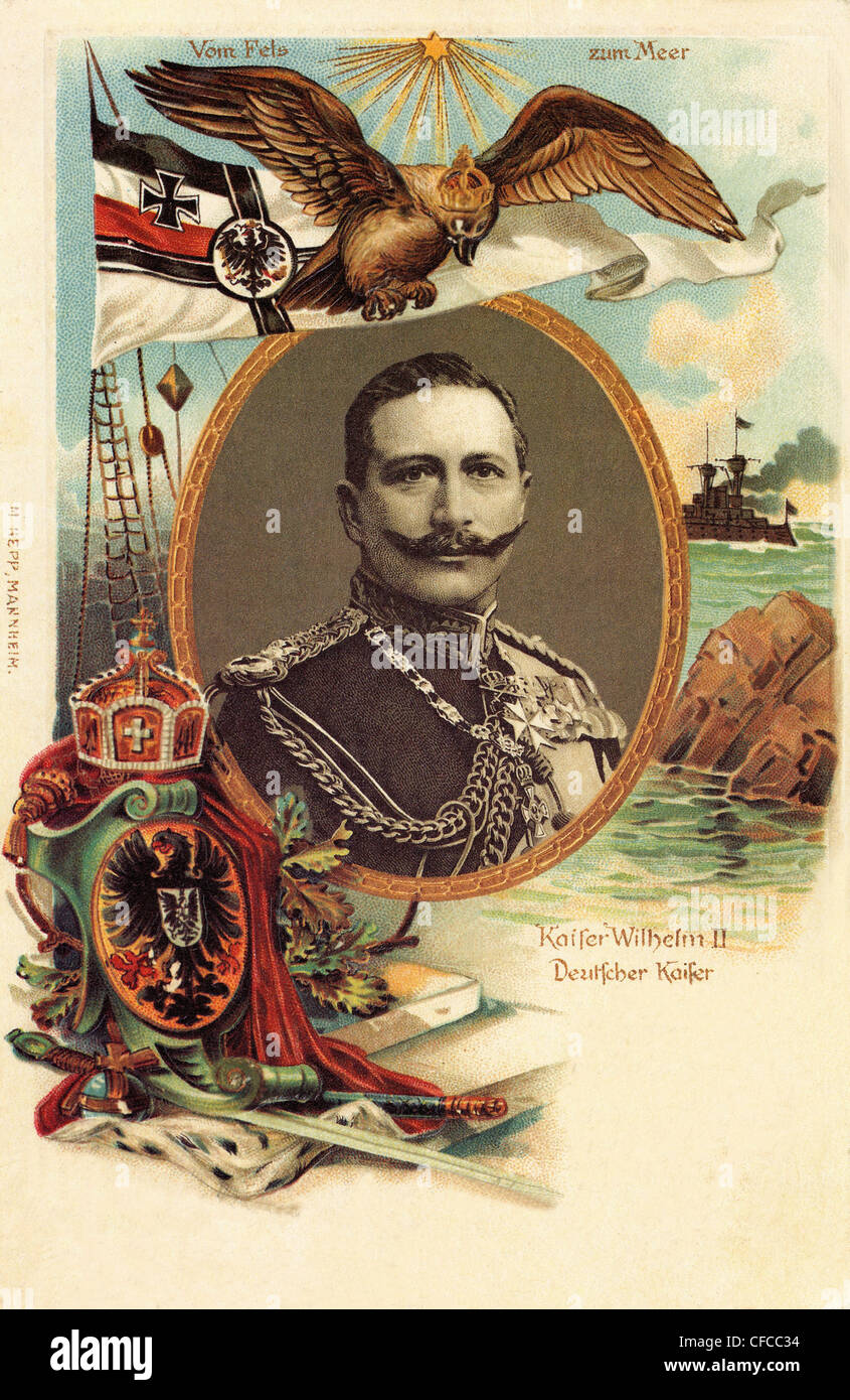 Kaiser, il Kaiser Guglielmo II, Wilhelm, 1., la propaganda, cartolina, marina, bandiera, Eagle, spada, corona, nave da guerra, guerra mondiale, guerra mondiale, Foto Stock