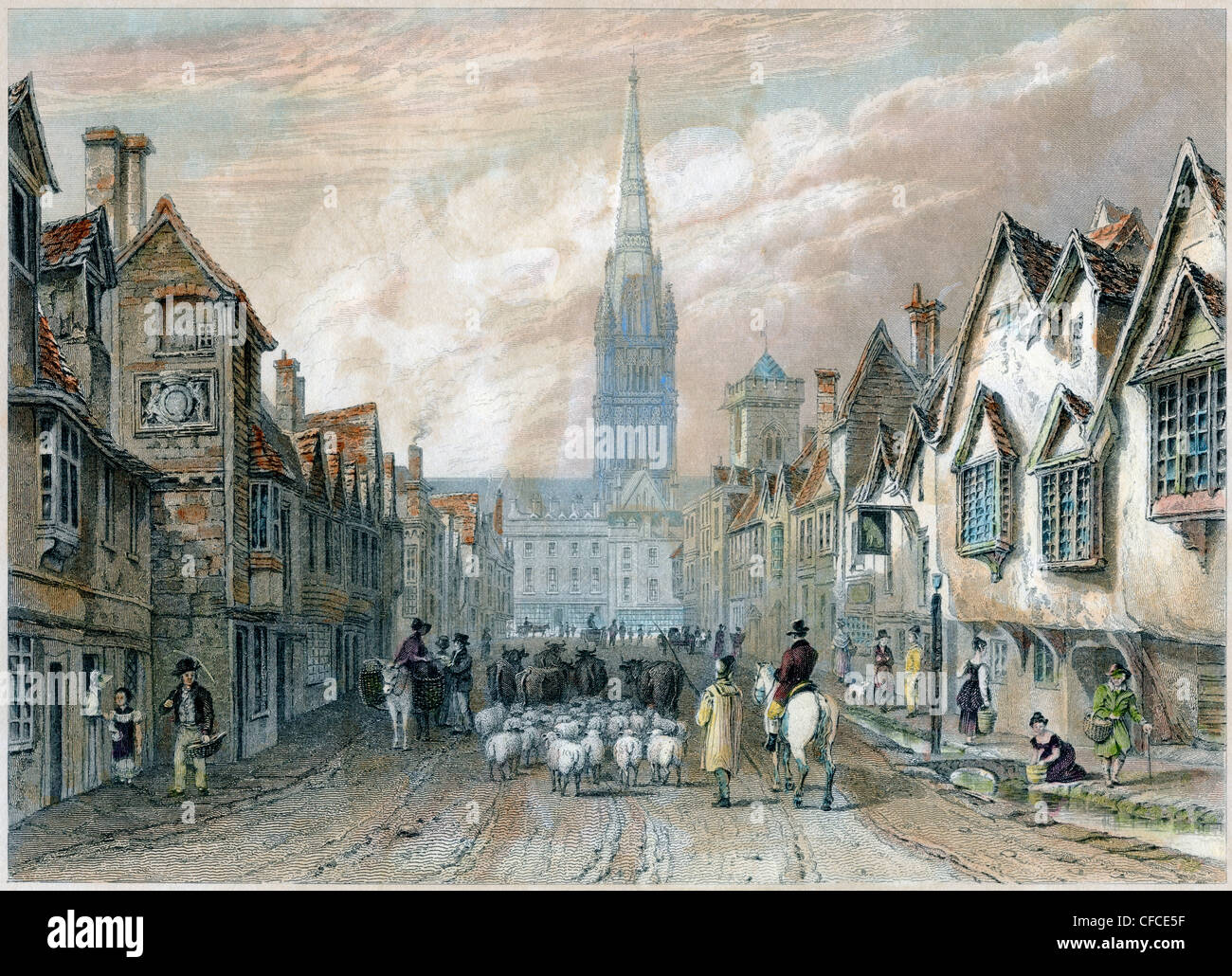 Una scansione ad alta risoluzione di un'incisione o incisione intitolata ' Salisbury, View in Castle Street Looking South ' stampata nel 1829. Creduto esente da copyright. Foto Stock
