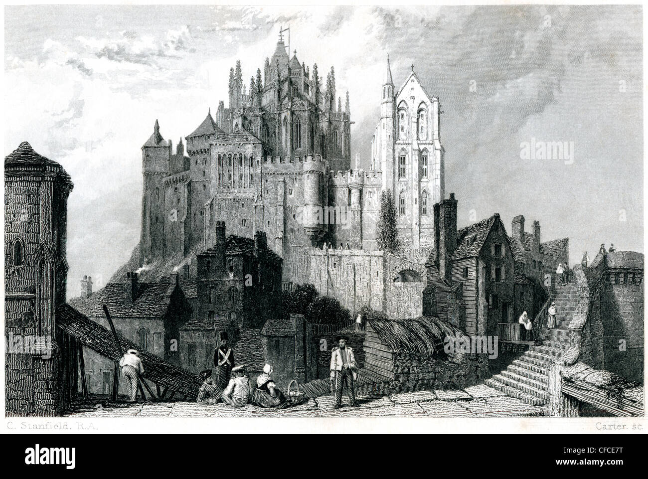 Un'incisione intitolata " St Michaels Mount, Normandy " scansionata ad alta risoluzione da un libro pubblicato nel 1847. Credevo libero da copyright. Foto Stock