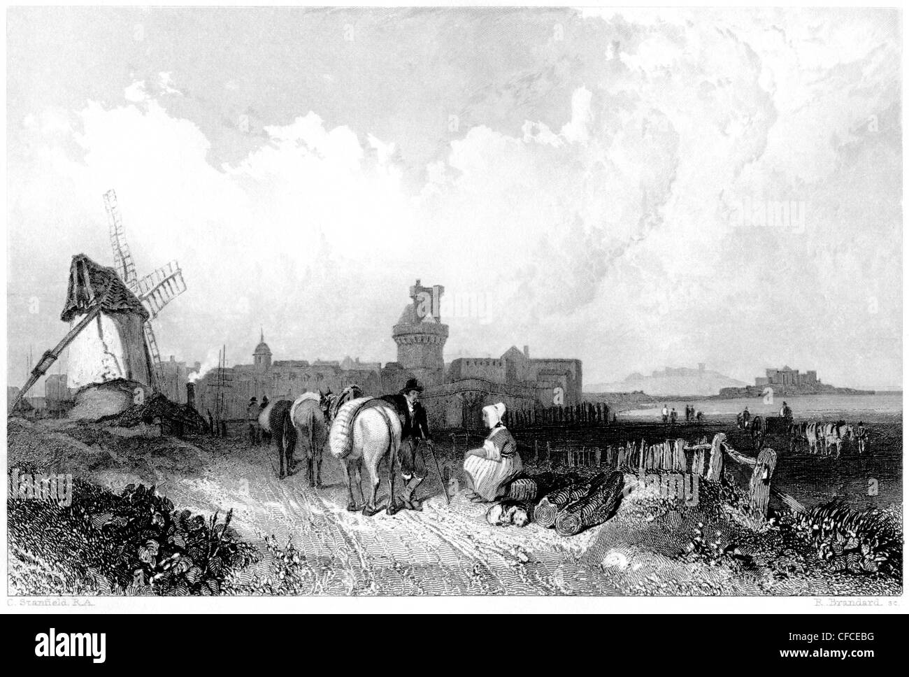 Un'incisione intitolata ' l'approccio a St Malo ' scansionata ad alta risoluzione da un libro pubblicato nel 1847. Creduto libero di copyright. Foto Stock