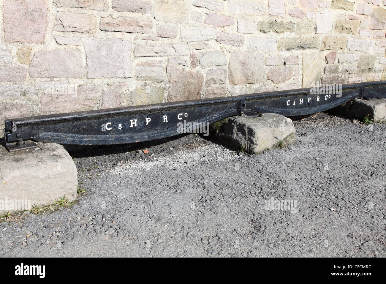 Inizio 'pesce' PANCIA rotaie e traversine di pietra e di Cromford elevati picchi di ferrovia a Middleton Top Derbyshire England Regno Unito Foto Stock