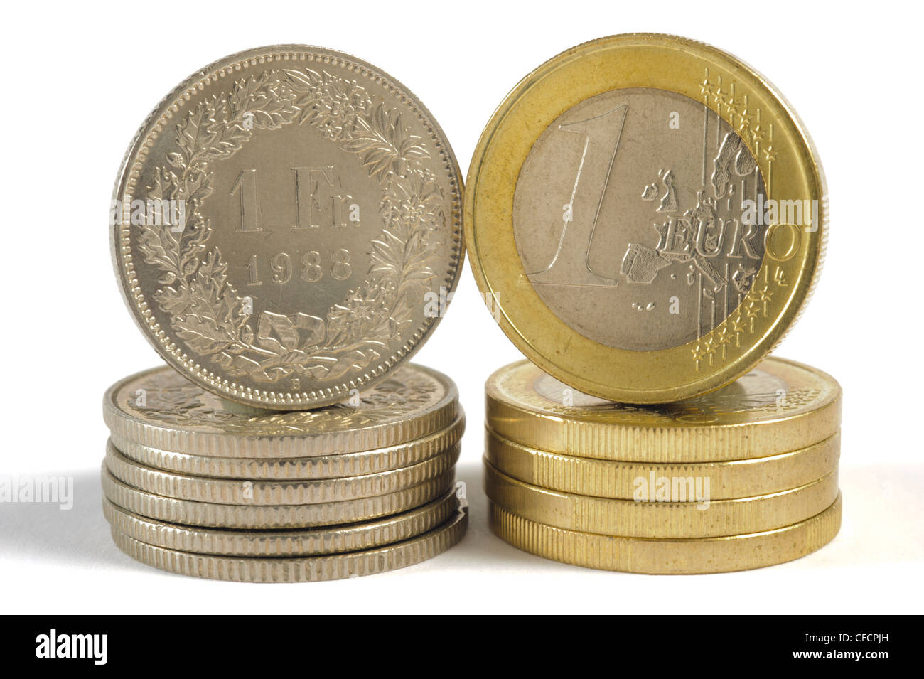 Euro e franco svizzero coin Foto Stock