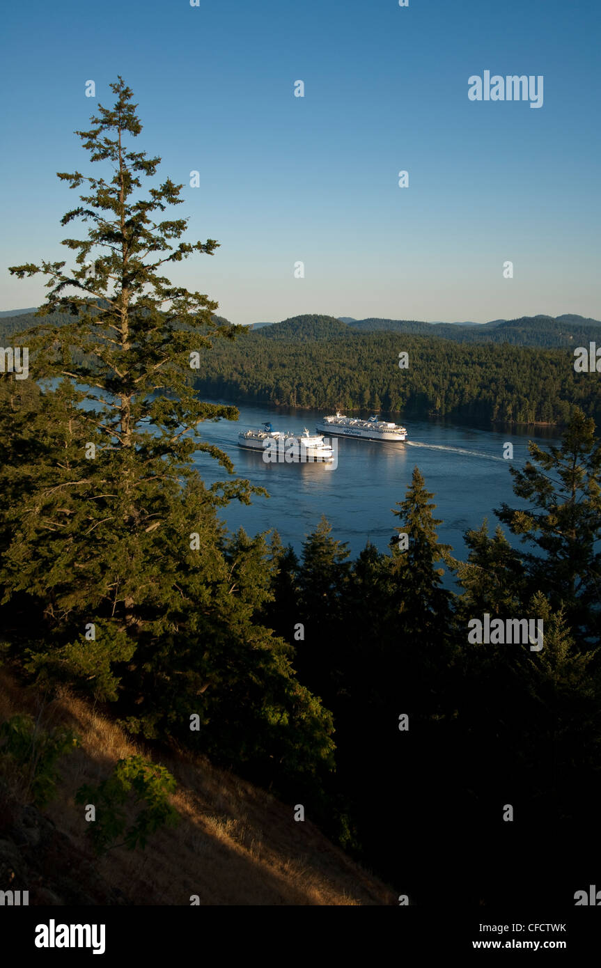 Traghetti BC in Active passano dal Galiano Island, isole del golfo, BC, Canada Foto Stock