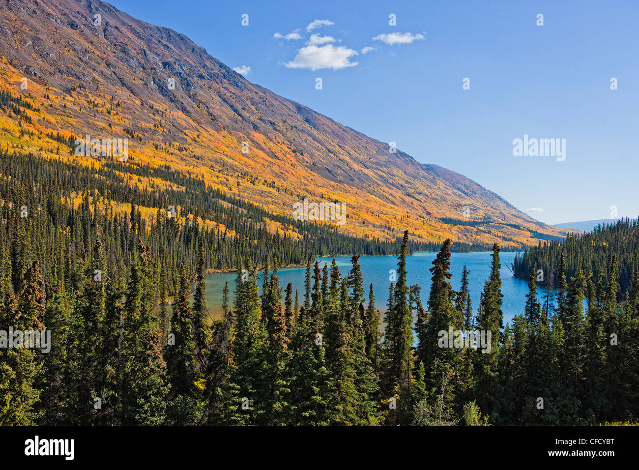 Colori autunnali sulla montagna di Caribou Coffee Company con spirito lago sottostante, Carcross, Yukon, Canada. Foto Stock