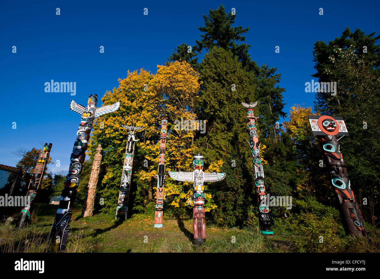 Totem Poles a Brockton Point, Stanley Park, Vancouver, British Columbia, Canada Foto Stock